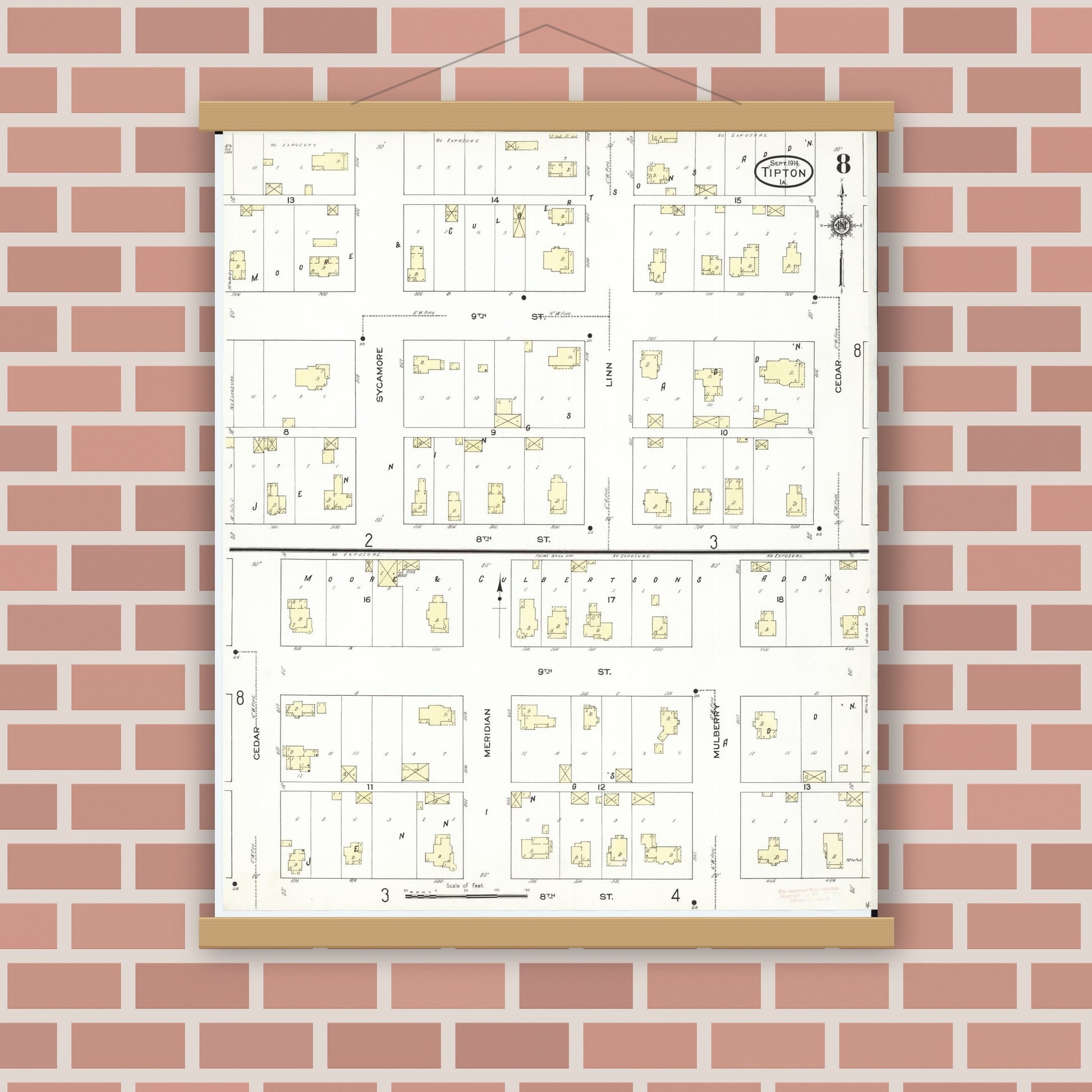 Old map wall art mockup — magnetic wood frame on brick wall — Sanborn Fire Insurance Map from Tipton, Cedar County, Iowa (1914), Sheet #0008