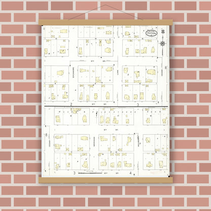 Old map wall art mockup — magnetic wood frame on brick wall — Sanborn Fire Insurance Map from Tipton, Cedar County, Iowa (1914), Sheet #0008
