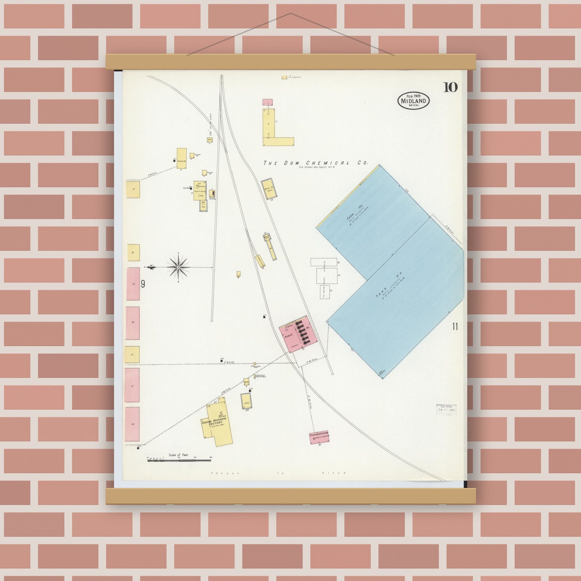 Old map wall art mockup — magnetic wood frame on brick wall — Sanborn Fire Insurance Map from Midland, Midland County, Michigan (1909), Sheet #0010