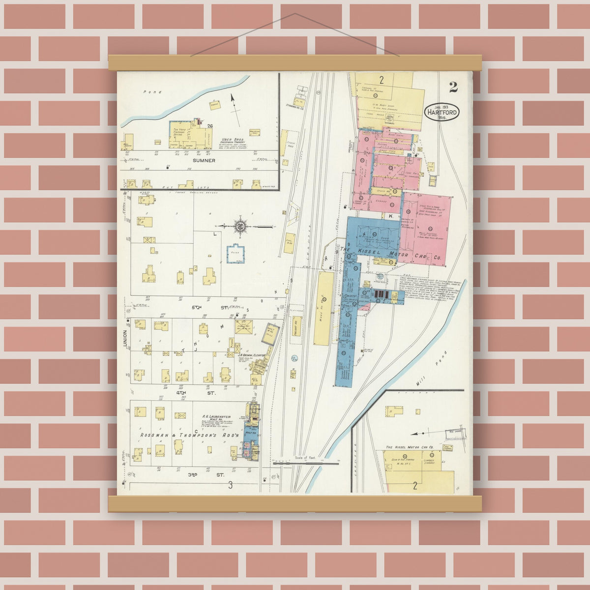 Old map wall art mockup — magnetic wood frame on brick wall — Sanborn Fire Insurance Map from Hartford, Washington County, Wisconsin (1913), Sheet #0002