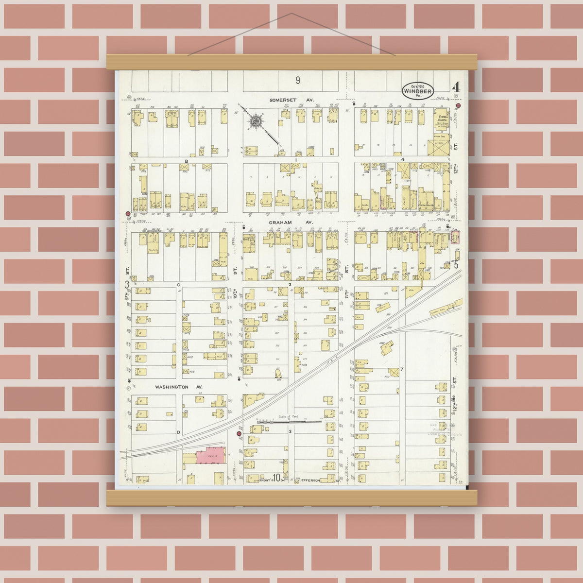 Old map wall art mockup — magnetic wood frame on brick wall — Sanborn Fire Insurance Map from Windber, Somerset County, Pennsylvania (1910), Sheet #0004