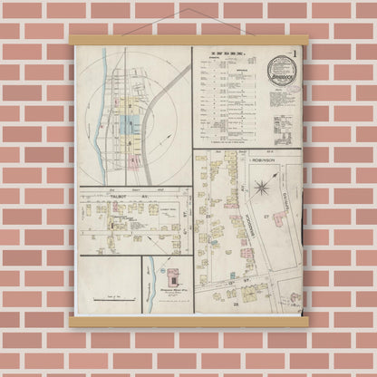 Old map wall art mockup — magnetic wood frame on brick wall — Sanborn Fire Insurance Map from Braddock, Allegheny County, Pennsylvania (1886), Sheet #0001