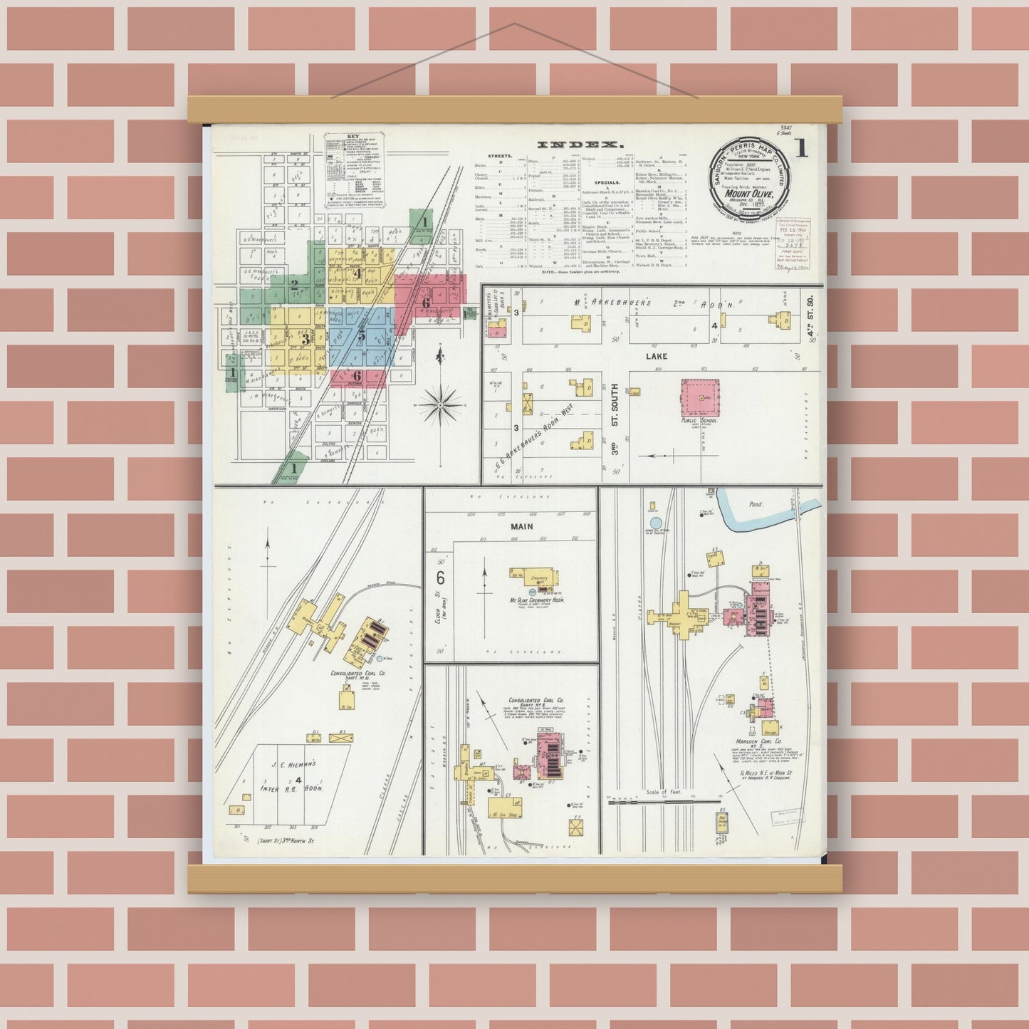 Old map wall art mockup — magnetic wood frame on brick wall — Sanborn Fire Insurance Map from Mount Olive, Macoupin County, Illinois (1899), Sheet #0001
