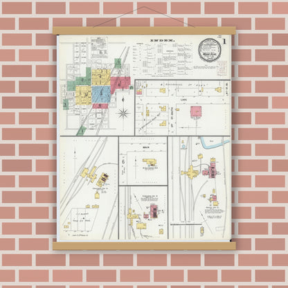 Old map wall art mockup — magnetic wood frame on brick wall — Sanborn Fire Insurance Map from Mount Olive, Macoupin County, Illinois (1899), Sheet #0001