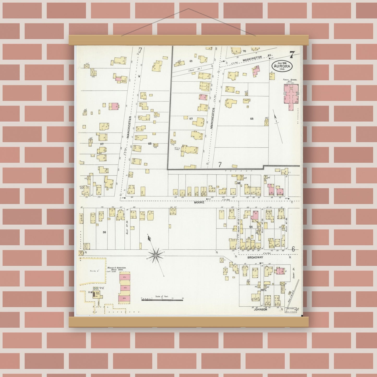 Old map wall art mockup — magnetic wood frame on brick wall — Sanborn Fire Insurance Map from Aurora, Dearborn County, Indiana (1906), Sheet #0007