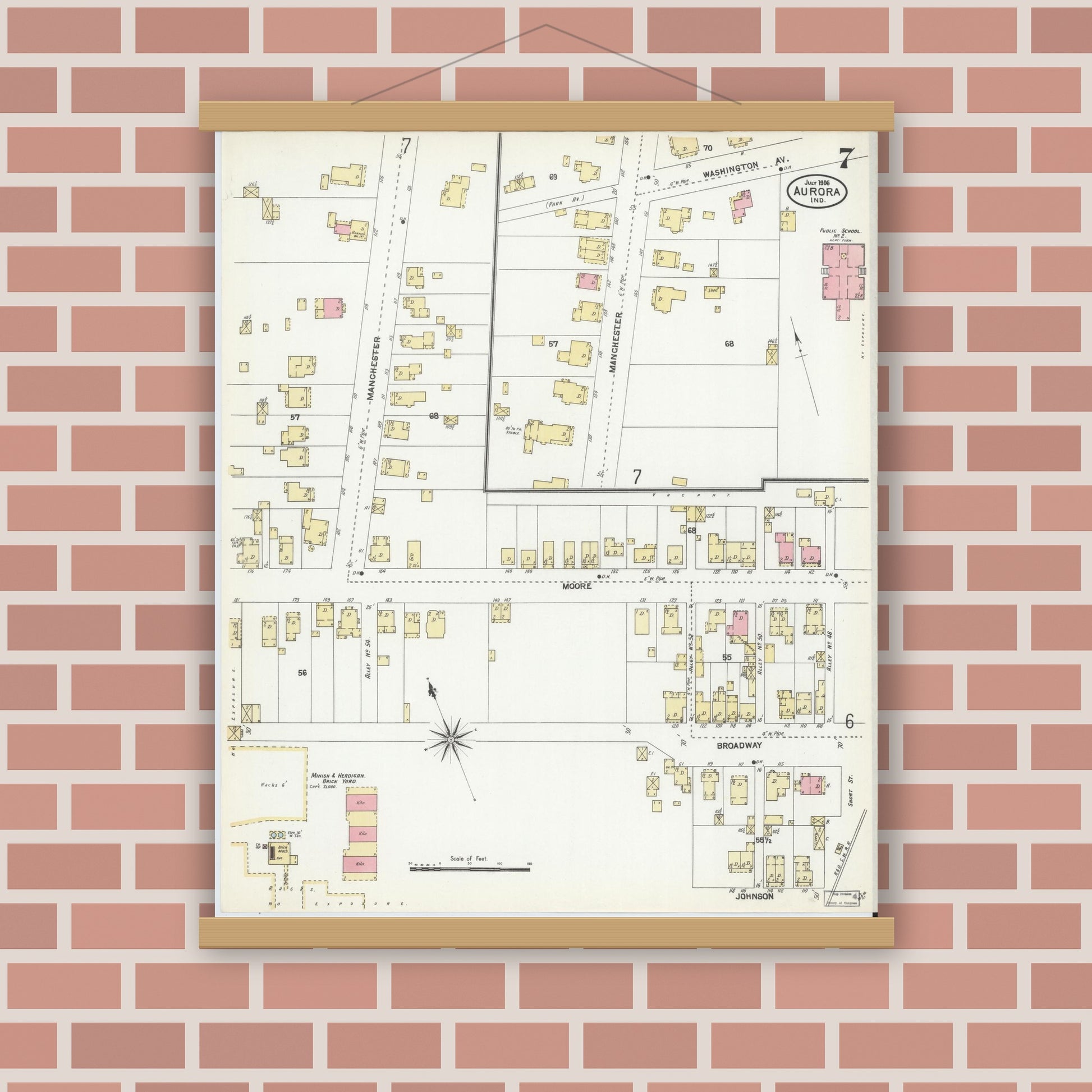 Old map wall art mockup — magnetic wood frame on brick wall — Sanborn Fire Insurance Map from Aurora, Dearborn County, Indiana (1906), Sheet #0007