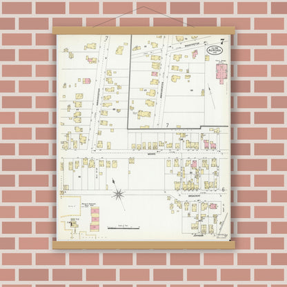 Old map wall art mockup — magnetic wood frame on brick wall — Sanborn Fire Insurance Map from Aurora, Dearborn County, Indiana (1906), Sheet #0007