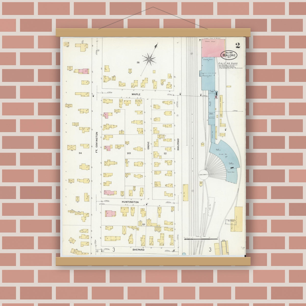 Old map wall art mockup — magnetic wood frame on brick wall — Sanborn Fire Insurance Map from Malone, Franklin County, New York (1908) - Complete Map Set