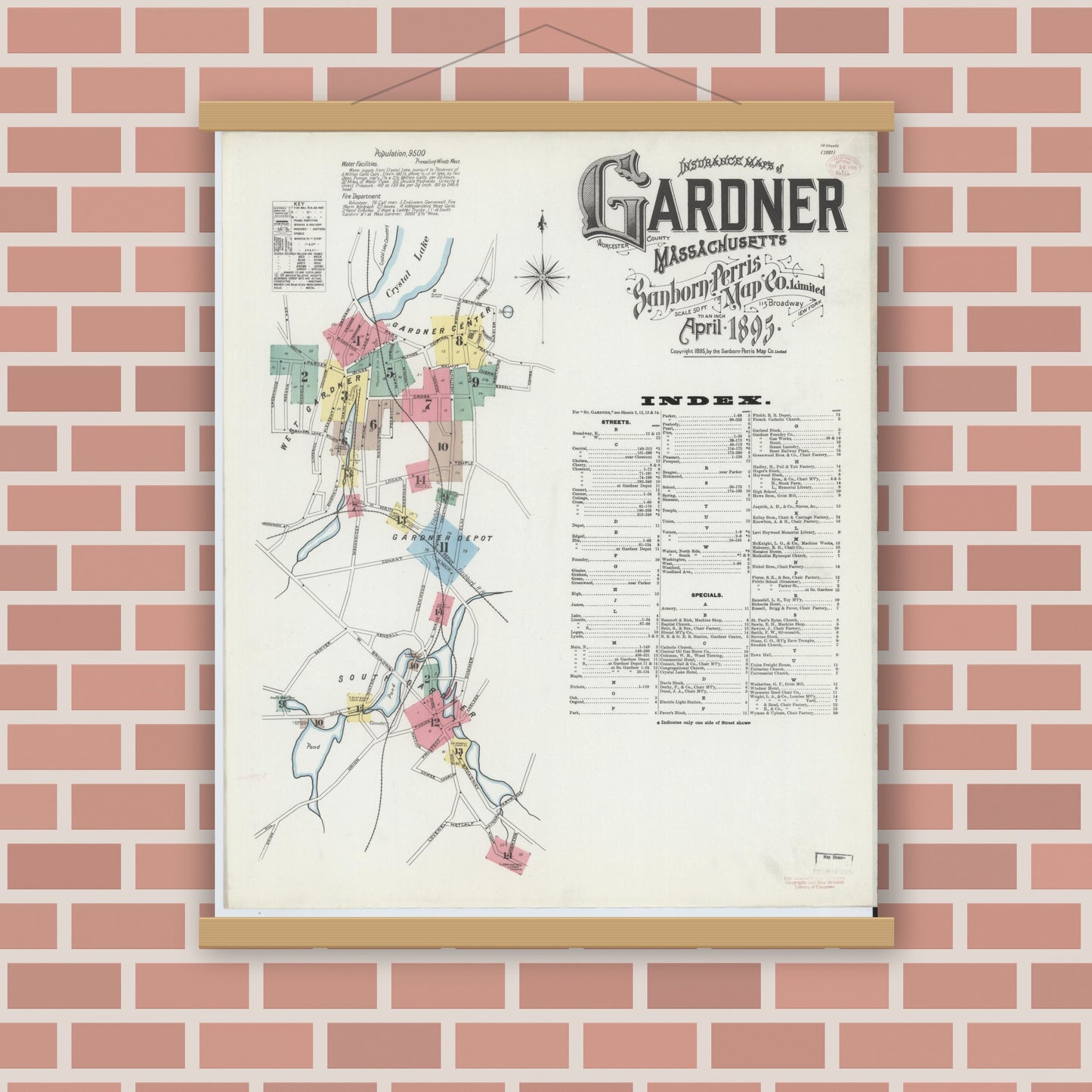 Old map wall art mockup — magnetic wood frame on brick wall — Sanborn Fire Insurance Map from Gardner, Worcester County, Massachusetts (1895) - Complete Map Set