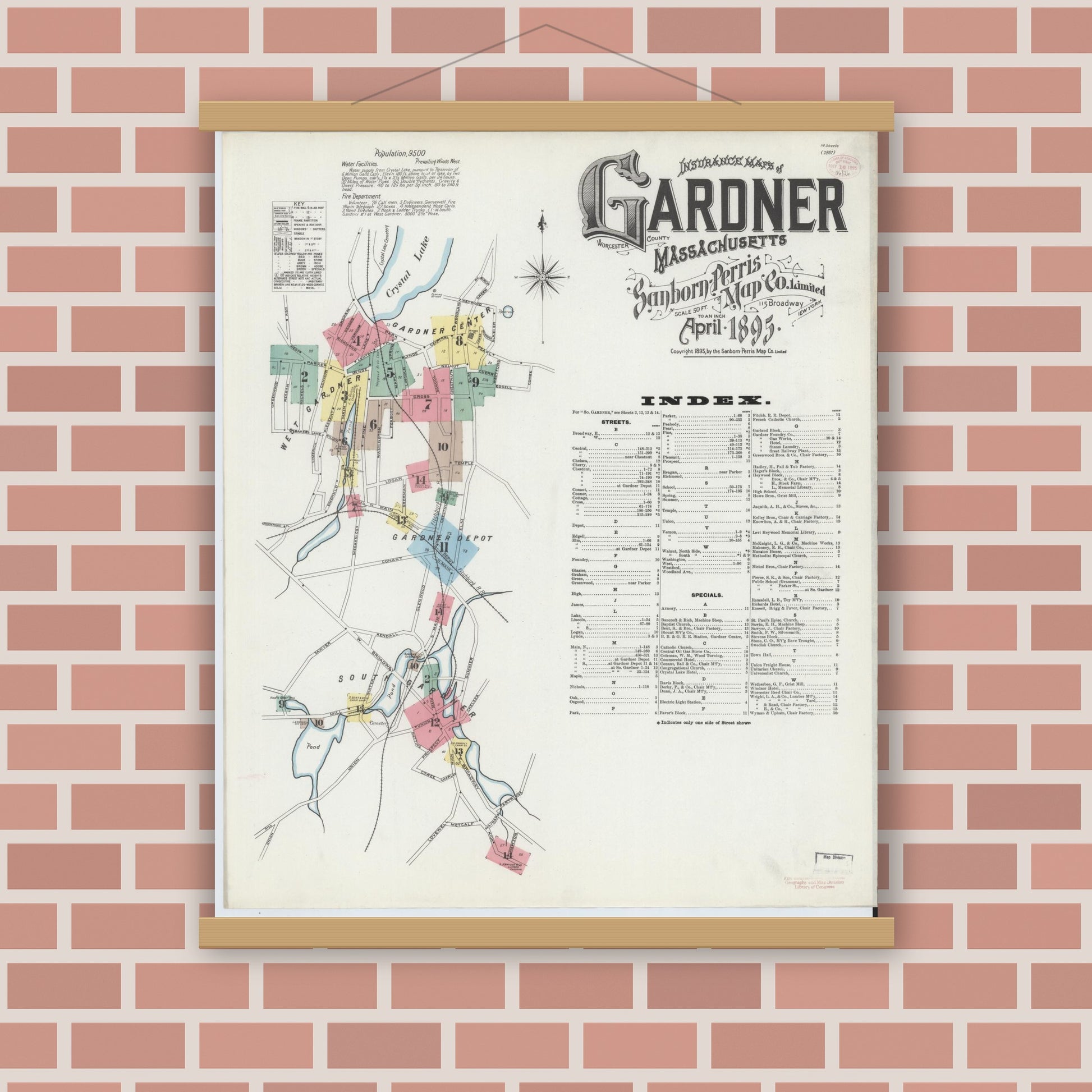 Old map wall art mockup — magnetic wood frame on brick wall — Sanborn Fire Insurance Map from Gardner, Worcester County, Massachusetts (1895) - Complete Map Set
