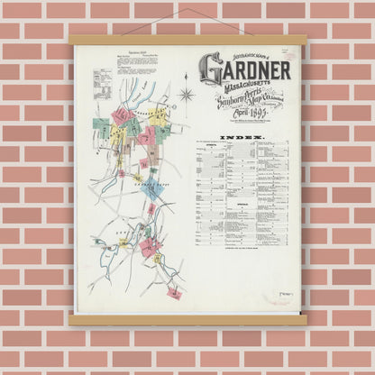Old map wall art mockup — magnetic wood frame on brick wall — Sanborn Fire Insurance Map from Gardner, Worcester County, Massachusetts (1895) - Complete Map Set