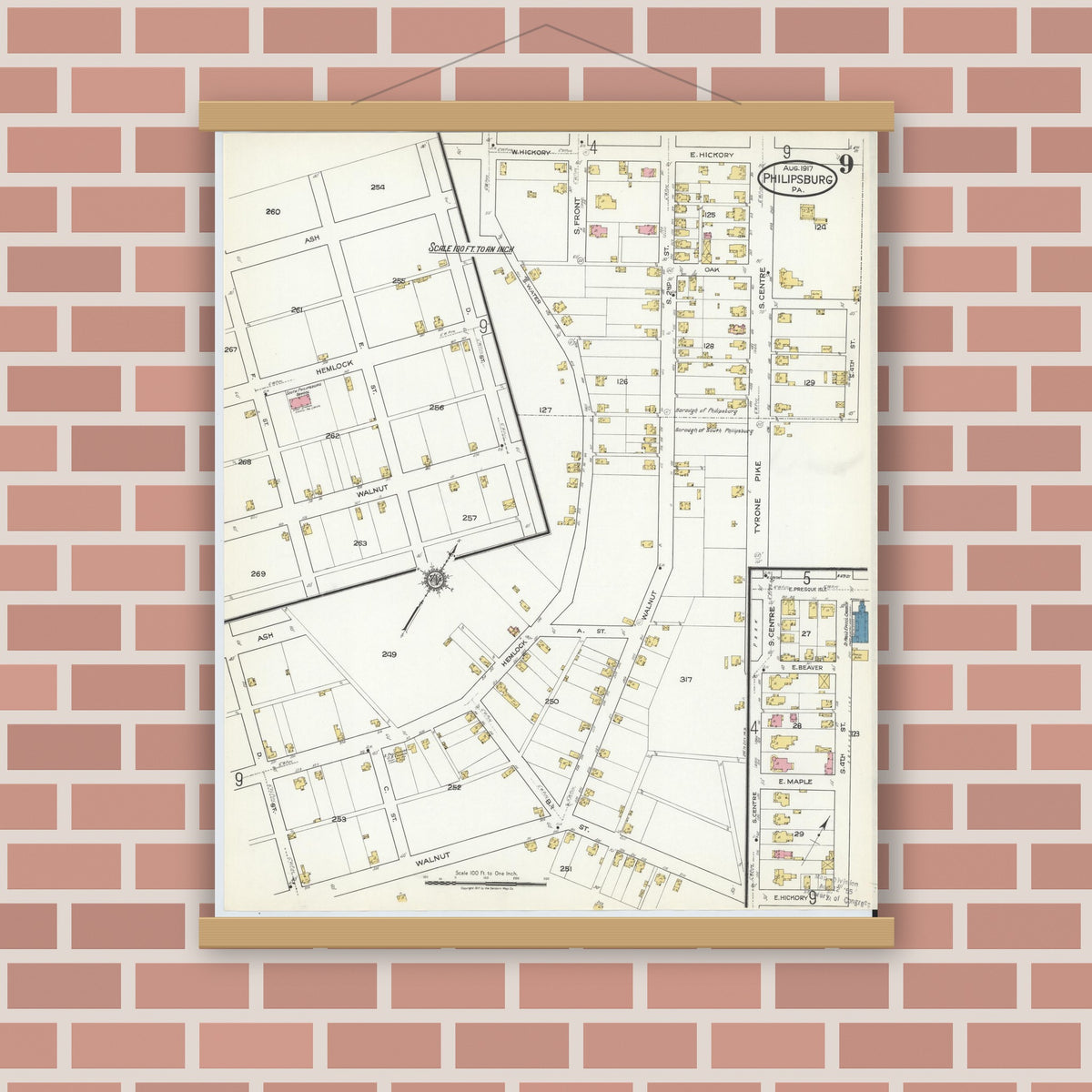 Old map wall art mockup — magnetic wood frame on brick wall — Sanborn Fire Insurance Map from Philipsburg, Centre County, Pennsylvania (1917), Sheet #0009