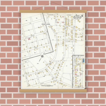 Old map wall art mockup — magnetic wood frame on brick wall — Sanborn Fire Insurance Map from Philipsburg, Centre County, Pennsylvania (1917), Sheet #0009