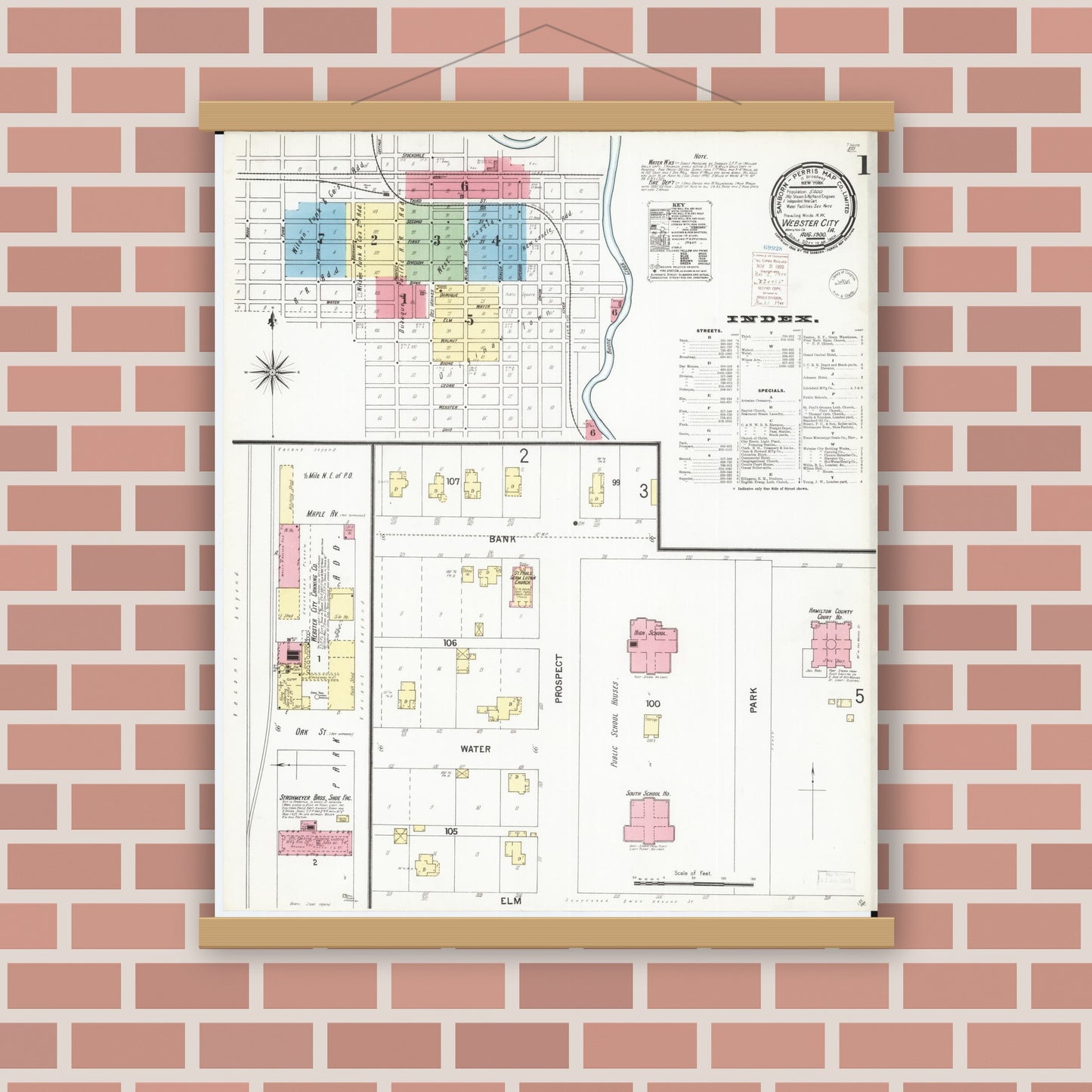 Old map wall art mockup — magnetic wood frame on brick wall — Sanborn Fire Insurance Map from Webster City, Hamilton County, Iowa (1900), Sheet #0001