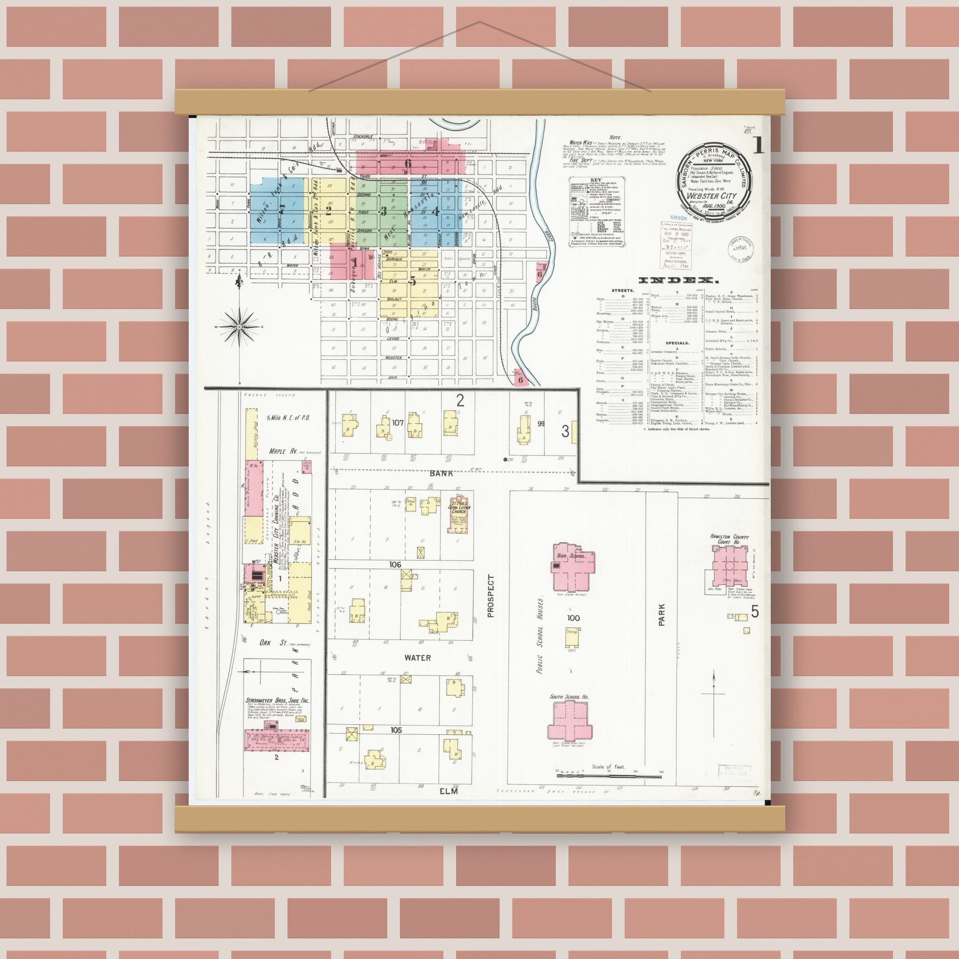 Old map wall art mockup — magnetic wood frame on brick wall — Sanborn Fire Insurance Map from Webster City, Hamilton County, Iowa (1900), Sheet #0001