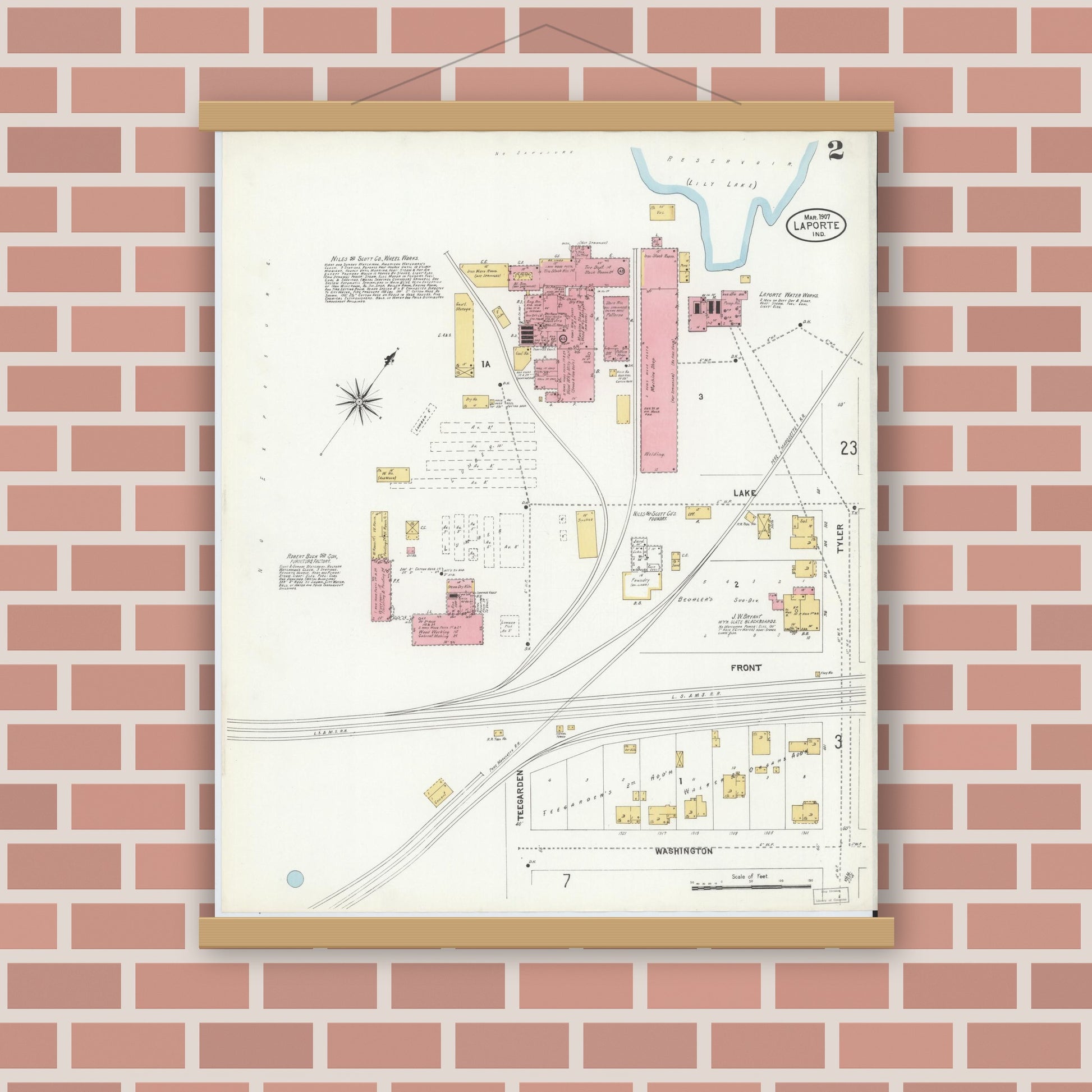 Old map wall art mockup — magnetic wood frame on brick wall — Sanborn Fire Insurance Map from La Porte, La Porte County, Indiana (1907), Sheet #0002