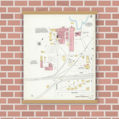 Old map wall art mockup — magnetic wood frame on brick wall — Sanborn Fire Insurance Map from La Porte, La Porte County, Indiana (1907), Sheet #0002