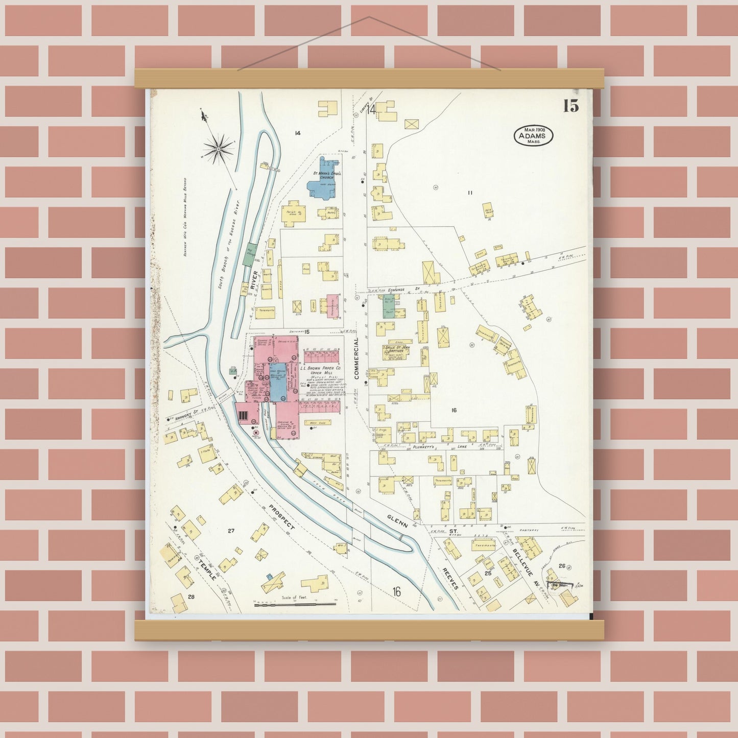 Old map wall art mockup — magnetic wood frame on brick wall — Sanborn Fire Insurance Map from Adams, Berkshire County, Massachusetts (1908), Sheet #0015