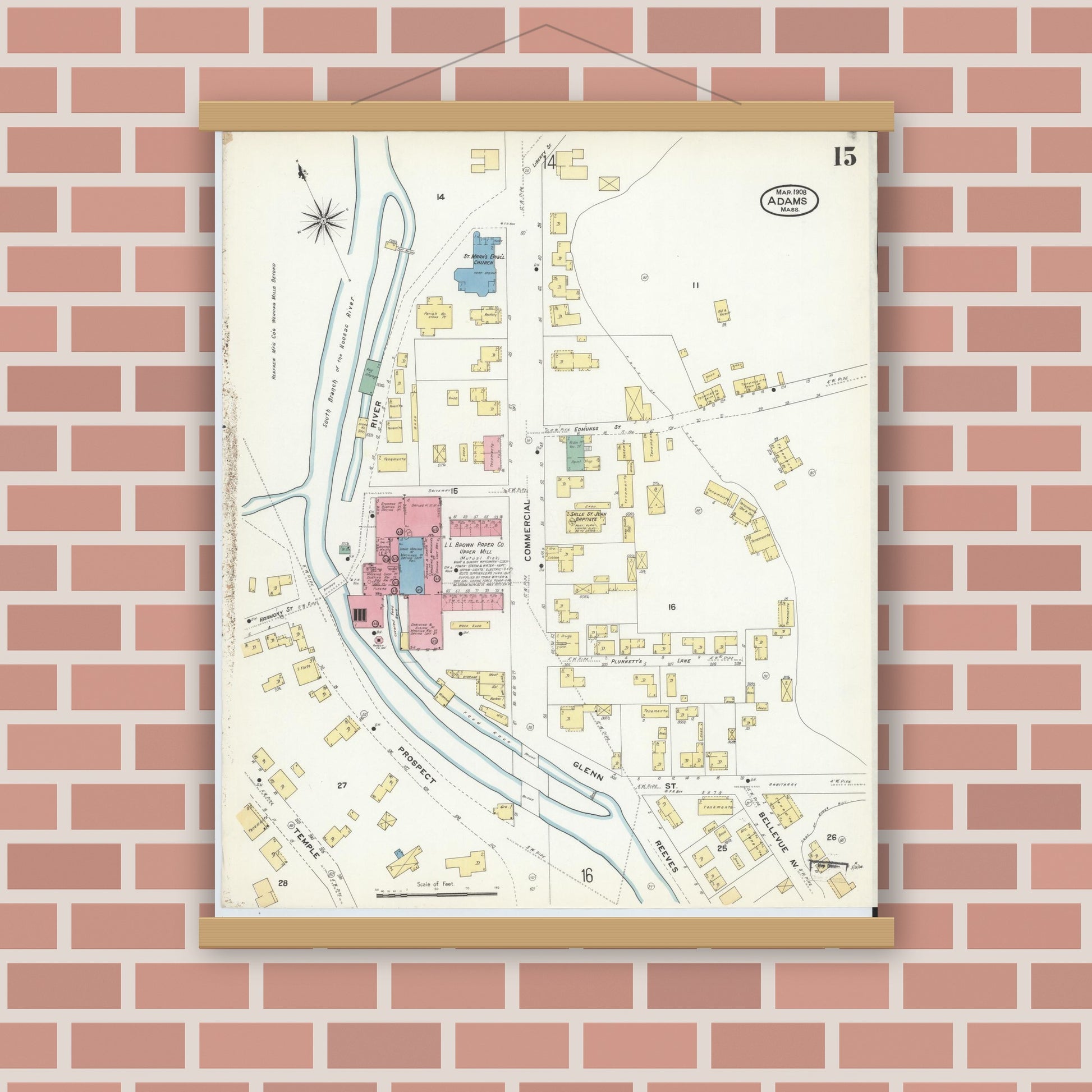 Old map wall art mockup — magnetic wood frame on brick wall — Sanborn Fire Insurance Map from Adams, Berkshire County, Massachusetts (1908), Sheet #0015