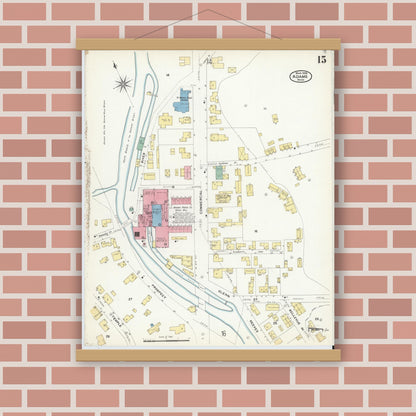 Old map wall art mockup — magnetic wood frame on brick wall — Sanborn Fire Insurance Map from Adams, Berkshire County, Massachusetts (1908), Sheet #0015