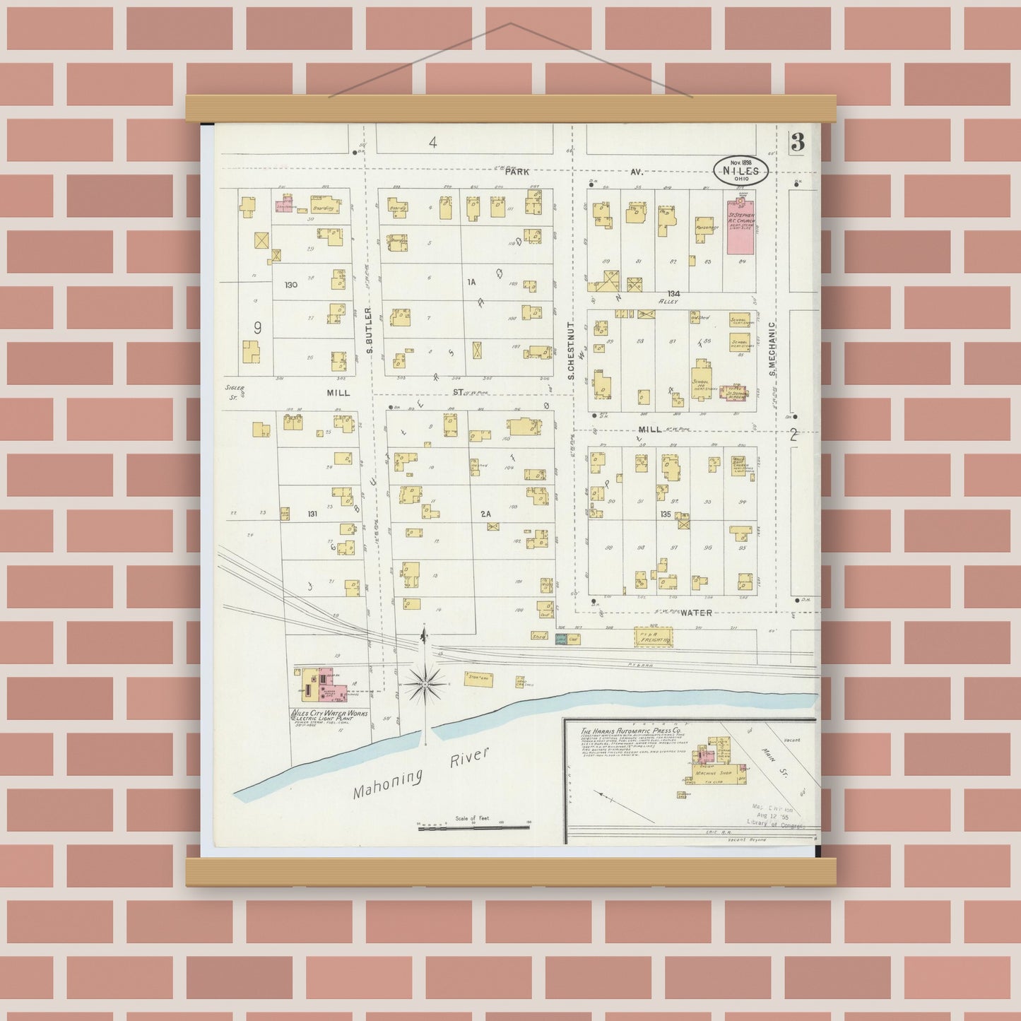 Old map wall art mockup — magnetic wood frame on brick wall — Sanborn Fire Insurance Map from Niles, Trumbull County, Ohio (1898), Sheet #0003
