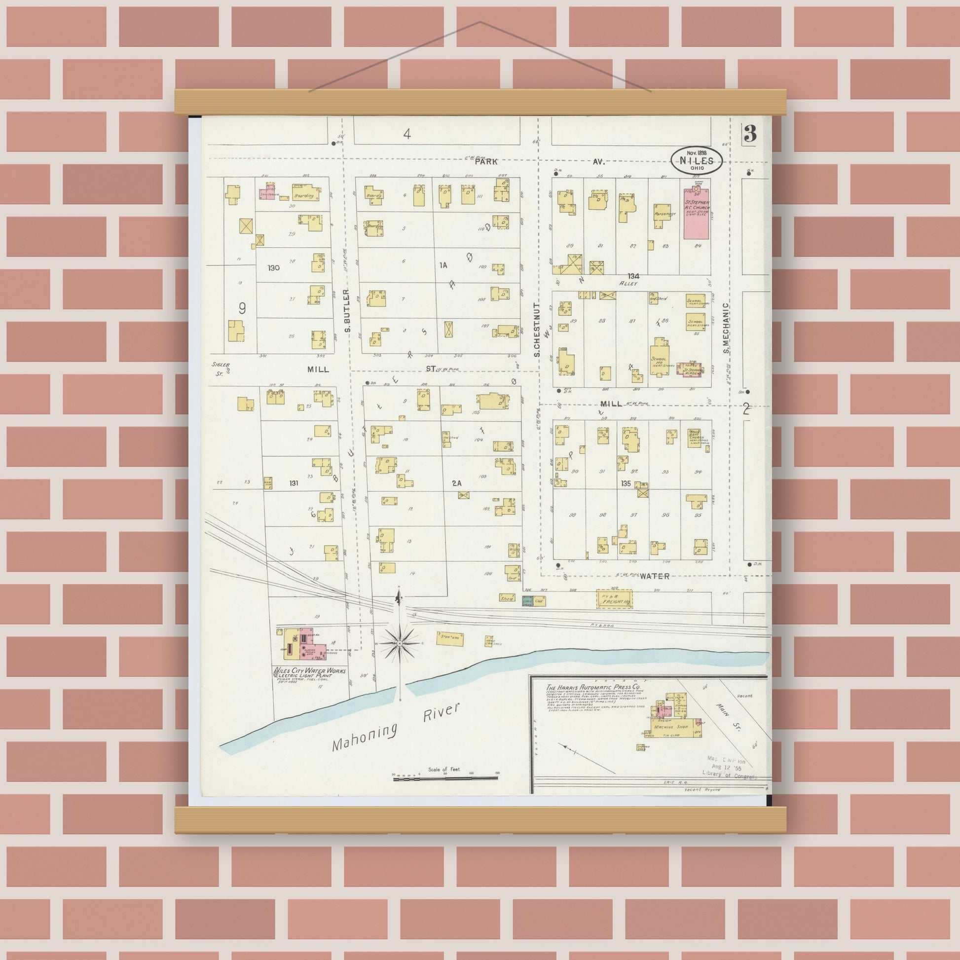 Old map wall art mockup — magnetic wood frame on brick wall — Sanborn Fire Insurance Map from Niles, Trumbull County, Ohio (1898), Sheet #0003