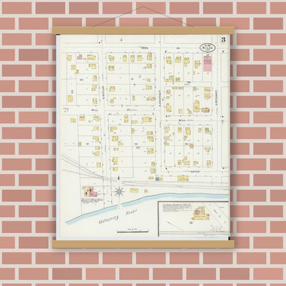 Old map wall art mockup — magnetic wood frame on brick wall — Sanborn Fire Insurance Map from Niles, Trumbull County, Ohio (1898), Sheet #0003