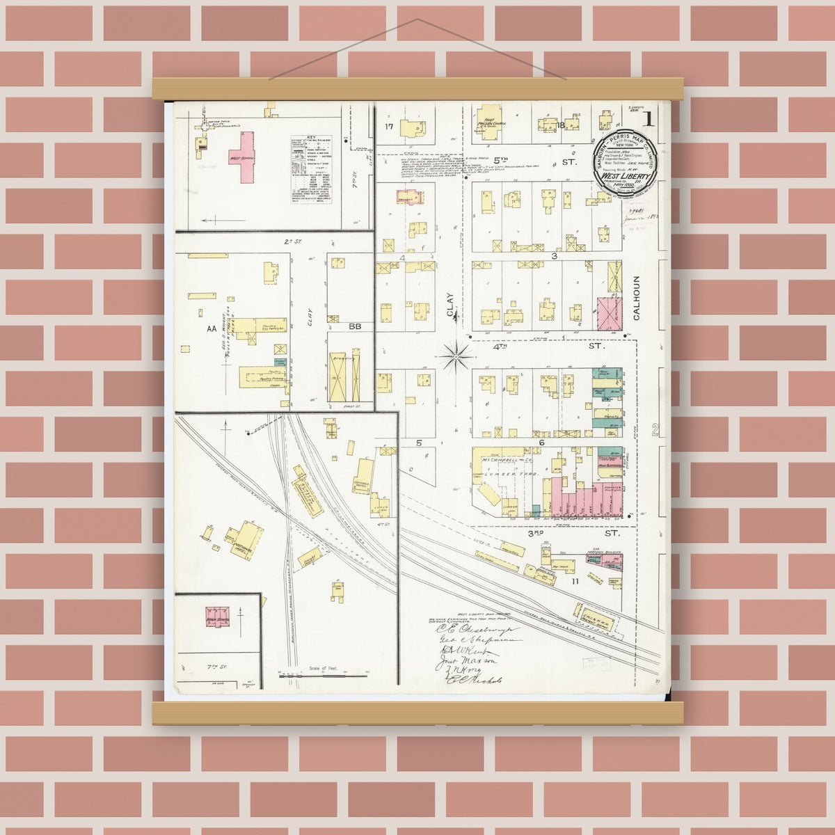 Old map wall art mockup — magnetic wood frame on brick wall — Sanborn Fire Insurance Map from West Liberty, Muscatine County, Iowa (1893), Sheet #0001