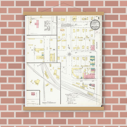 Old map wall art mockup — magnetic wood frame on brick wall — Sanborn Fire Insurance Map from West Liberty, Muscatine County, Iowa (1893), Sheet #0001