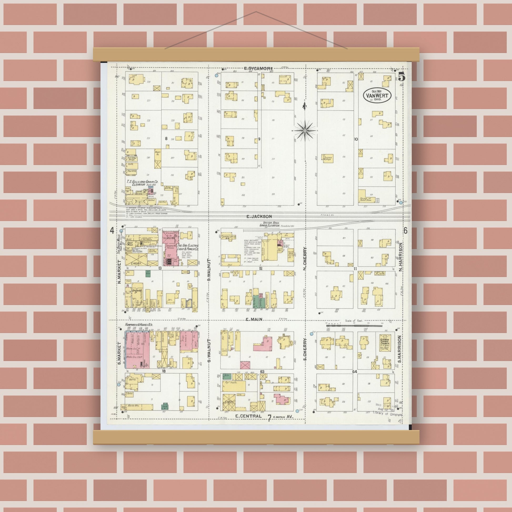 Old map wall art mockup — magnetic wood frame on brick wall — Sanborn Fire Insurance Map from Van Wert, Van Wert County, Ohio (1901), Sheet #0005