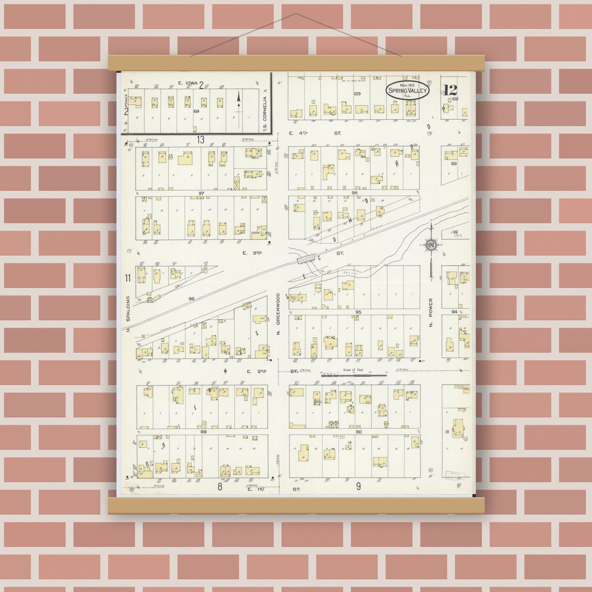 Old map wall art mockup — magnetic wood frame on brick wall — Sanborn Fire Insurance Map from Spring Valley, Bureau County, Illinois (1913), Sheet #0012
