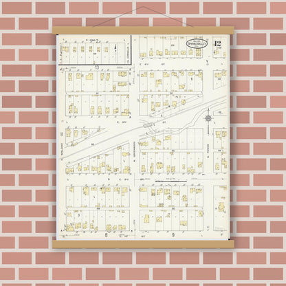 Old map wall art mockup — magnetic wood frame on brick wall — Sanborn Fire Insurance Map from Spring Valley, Bureau County, Illinois (1913), Sheet #0012