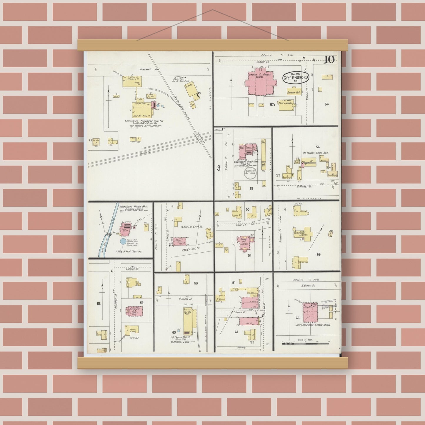 Old map wall art mockup — magnetic wood frame on brick wall — Sanborn Fire Insurance Map from Greensboro, Guilford County, North Carolina (1896), Sheet #0010