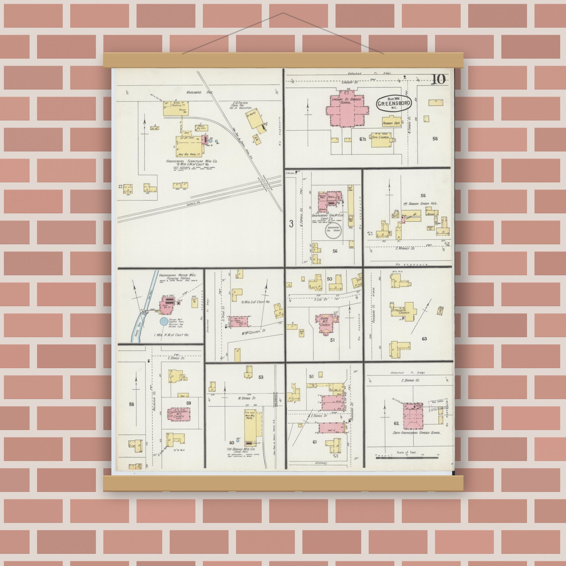 Old map wall art mockup — magnetic wood frame on brick wall — Sanborn Fire Insurance Map from Greensboro, Guilford County, North Carolina (1896), Sheet #0010