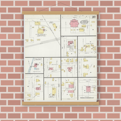 Old map wall art mockup — magnetic wood frame on brick wall — Sanborn Fire Insurance Map from Greensboro, Guilford County, North Carolina (1896), Sheet #0010