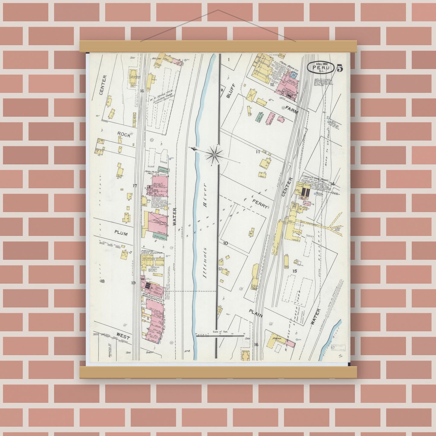 Old map wall art mockup — magnetic wood frame on brick wall — Sanborn Fire Insurance Map from Peru, La Salle County, Illinois (1892), Sheet #0005