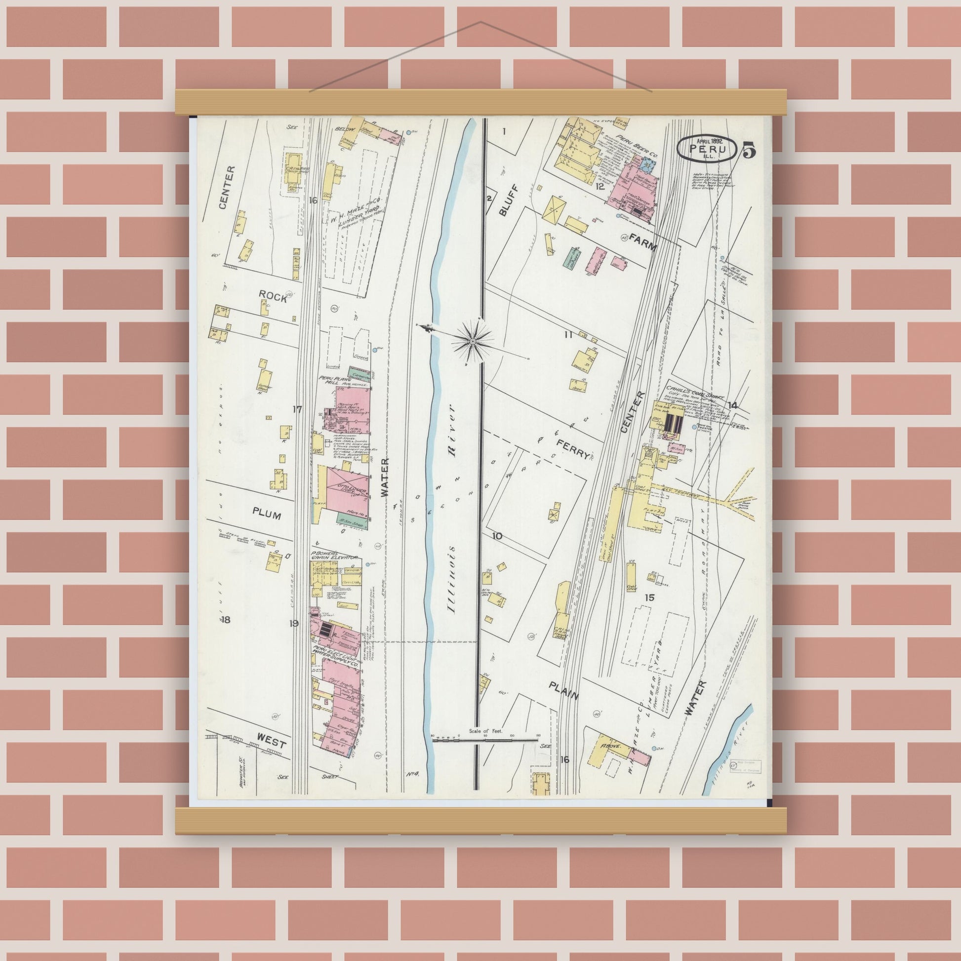 Old map wall art mockup — magnetic wood frame on brick wall — Sanborn Fire Insurance Map from Peru, La Salle County, Illinois (1892), Sheet #0005