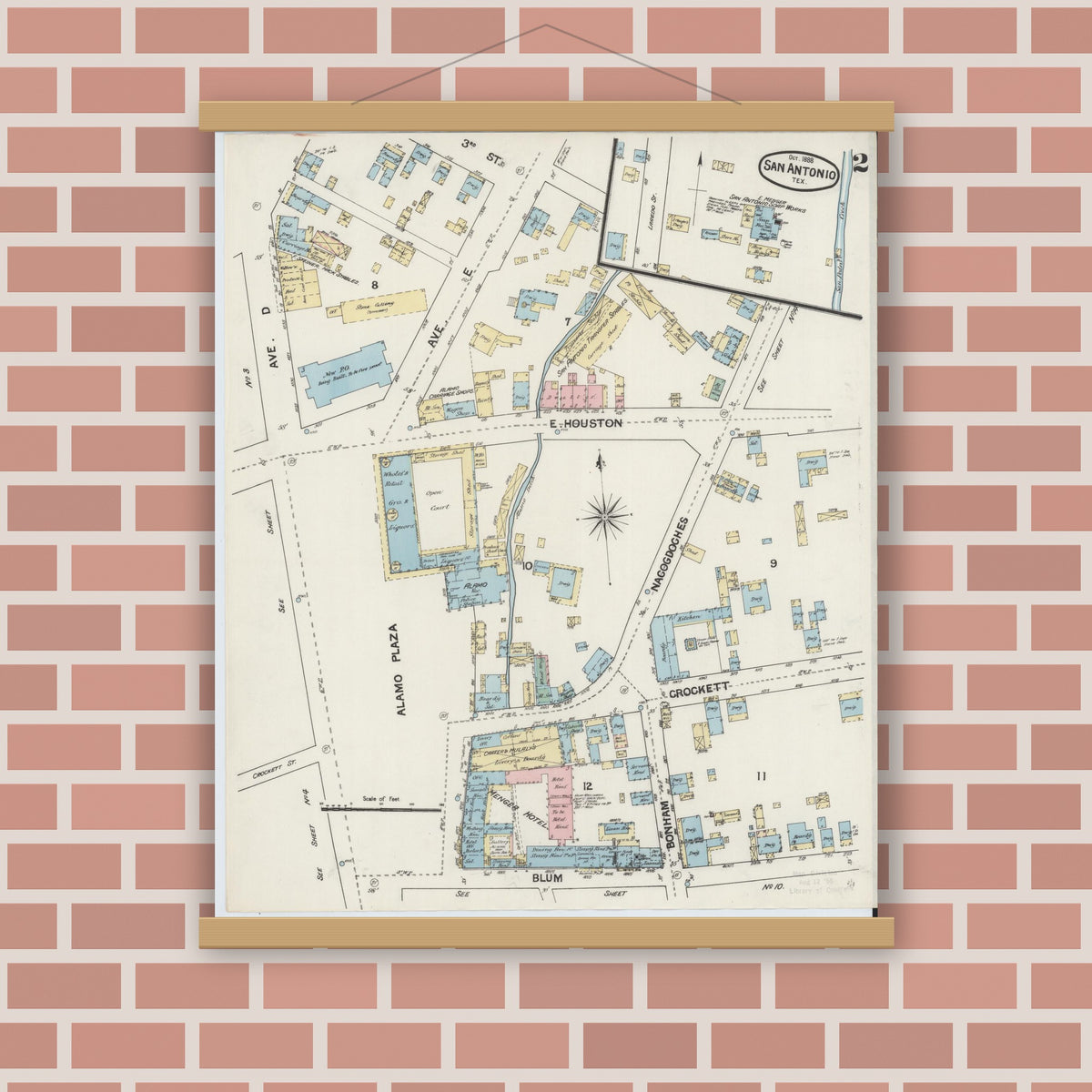 Old map wall art mockup — magnetic wood frame on brick wall — Sanborn Fire Insurance Map from San Antonio, Bexar County, Texas (1888), Sheet #0002