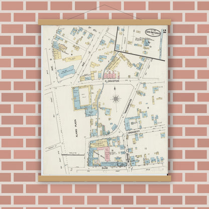 Old map wall art mockup — magnetic wood frame on brick wall — Sanborn Fire Insurance Map from San Antonio, Bexar County, Texas (1888), Sheet #0002