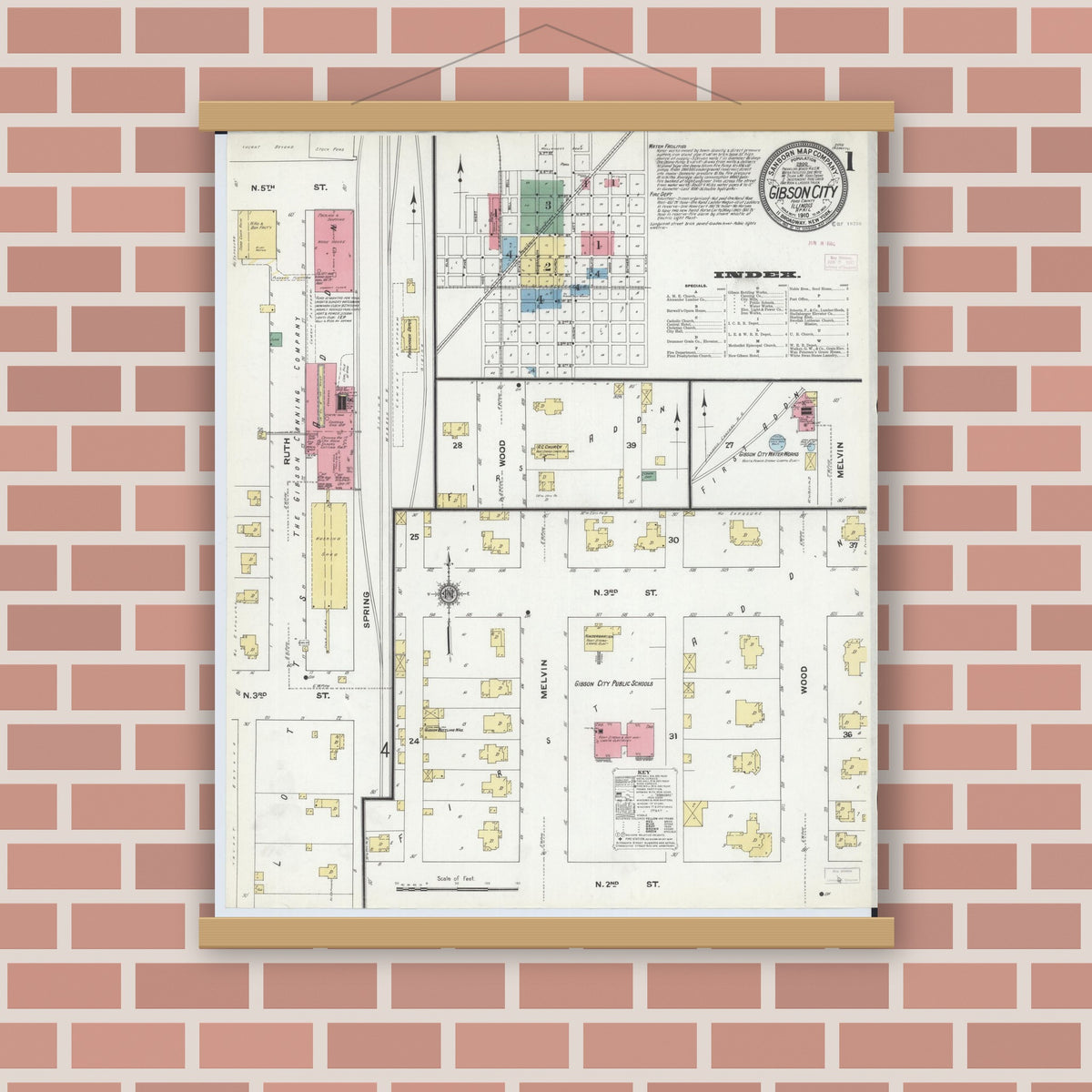 Old map wall art mockup — magnetic wood frame on brick wall — Sanborn Fire Insurance Map from Gibson City, Ford County, Illinois (1910) - Complete Map Set