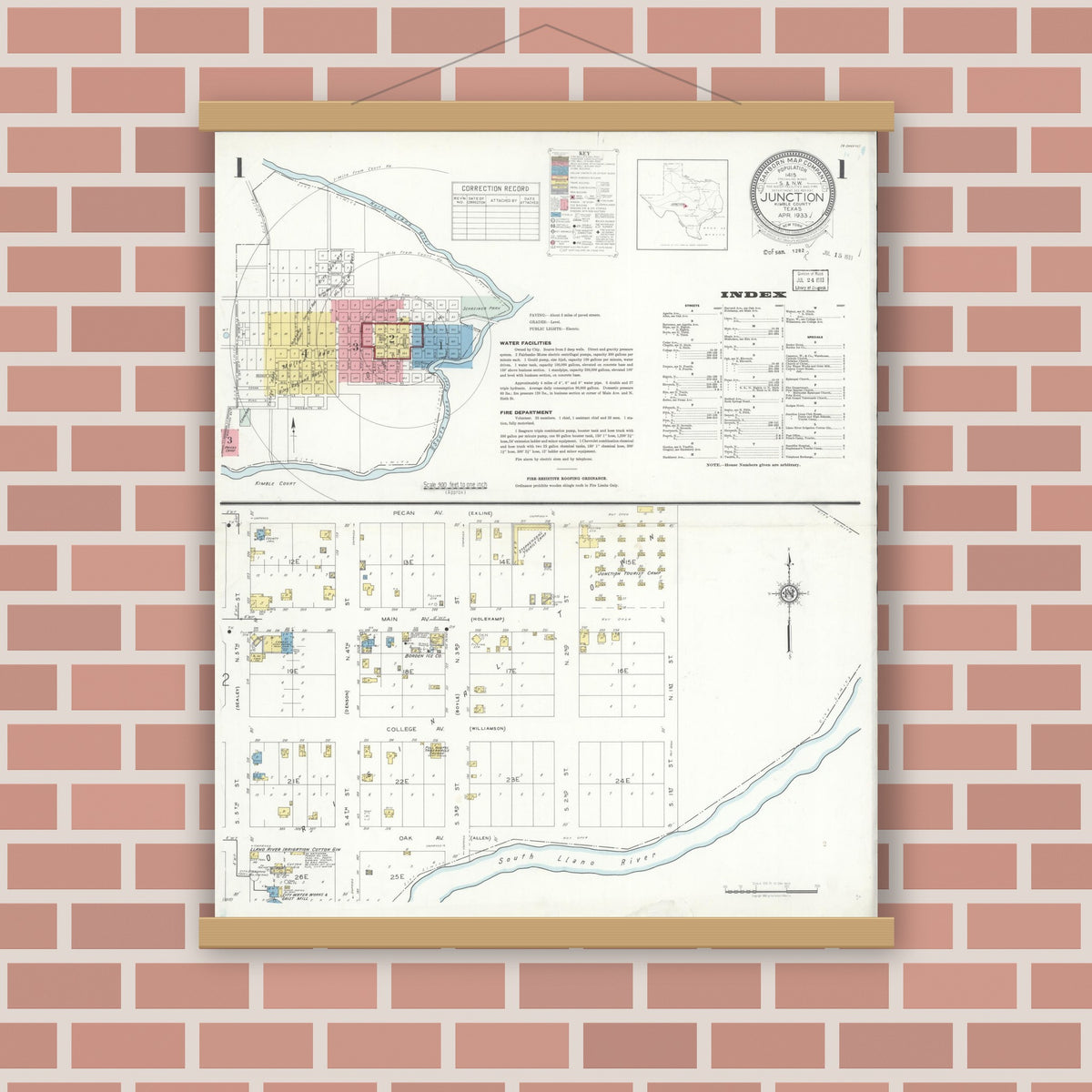 Old map wall art mockup — magnetic wood frame on brick wall — Sanborn Fire Insurance Map from Junction, Kimble County, Texas (1933) - Complete Map Set