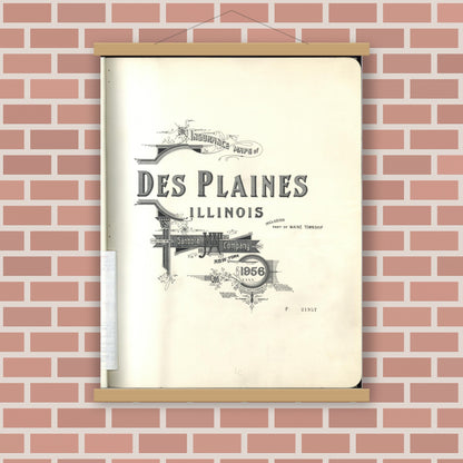 Old map wall art mockup — magnetic wood frame on brick wall — Sanborn Fire Insurance Map from Des Plaines, Cook County, Illinois (1956), Sheet #0001