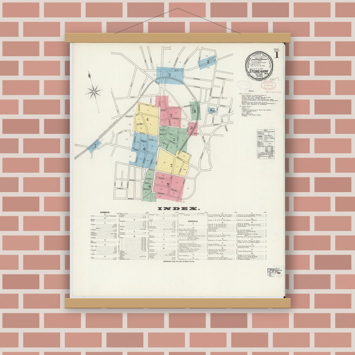 Old map wall art mockup — magnetic wood frame on brick wall — Sanborn Fire Insurance Map from Stoneham, Middlesex County, Massachusetts (1897) - Complete Map Set