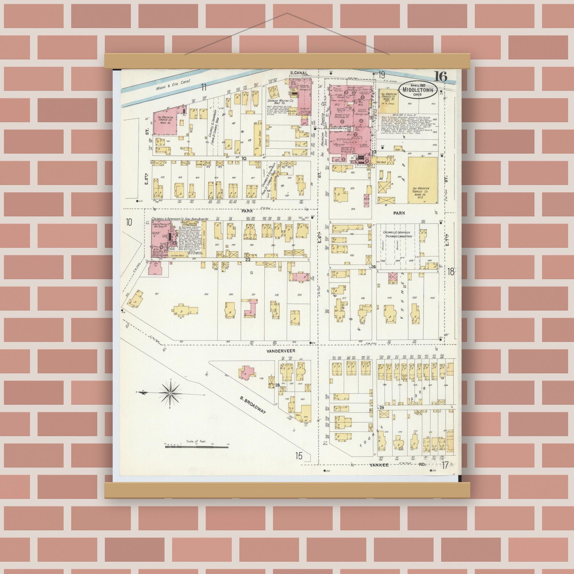 Old map wall art mockup — magnetic wood frame on brick wall — Sanborn Fire Insurance Map from Middletown, Butler County, Ohio (1907), Sheet #0016