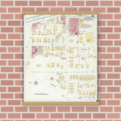 Old map wall art mockup — magnetic wood frame on brick wall — Sanborn Fire Insurance Map from Middletown, Butler County, Ohio (1907), Sheet #0016