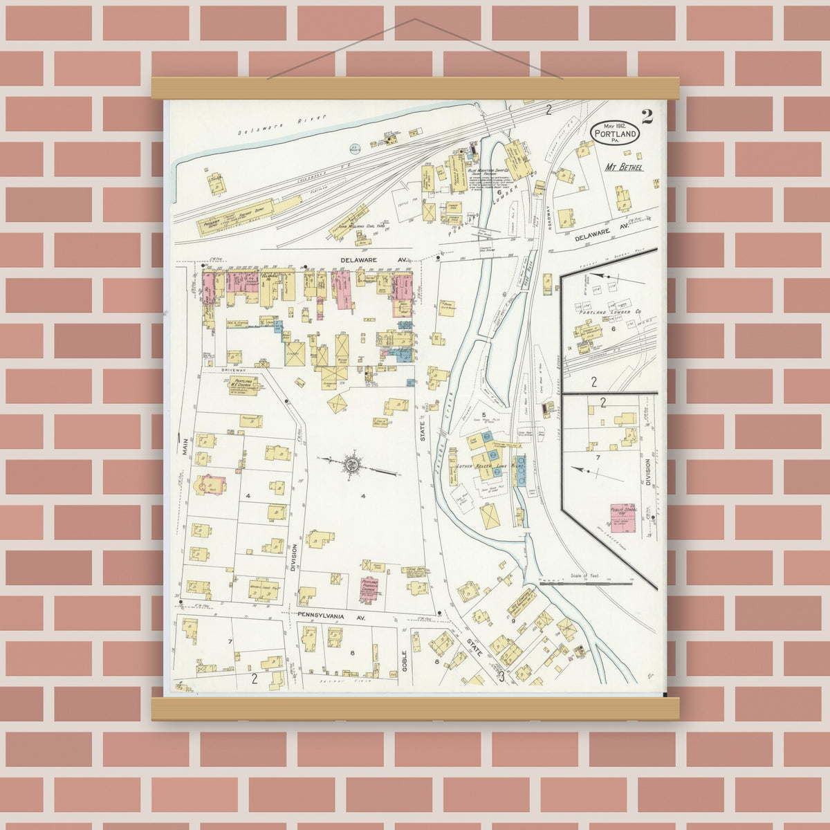 Old map wall art mockup — magnetic wood frame on brick wall — Sanborn Fire Insurance Map from Portland, Northampton County, Pennsylvania (1912), Sheet #0002