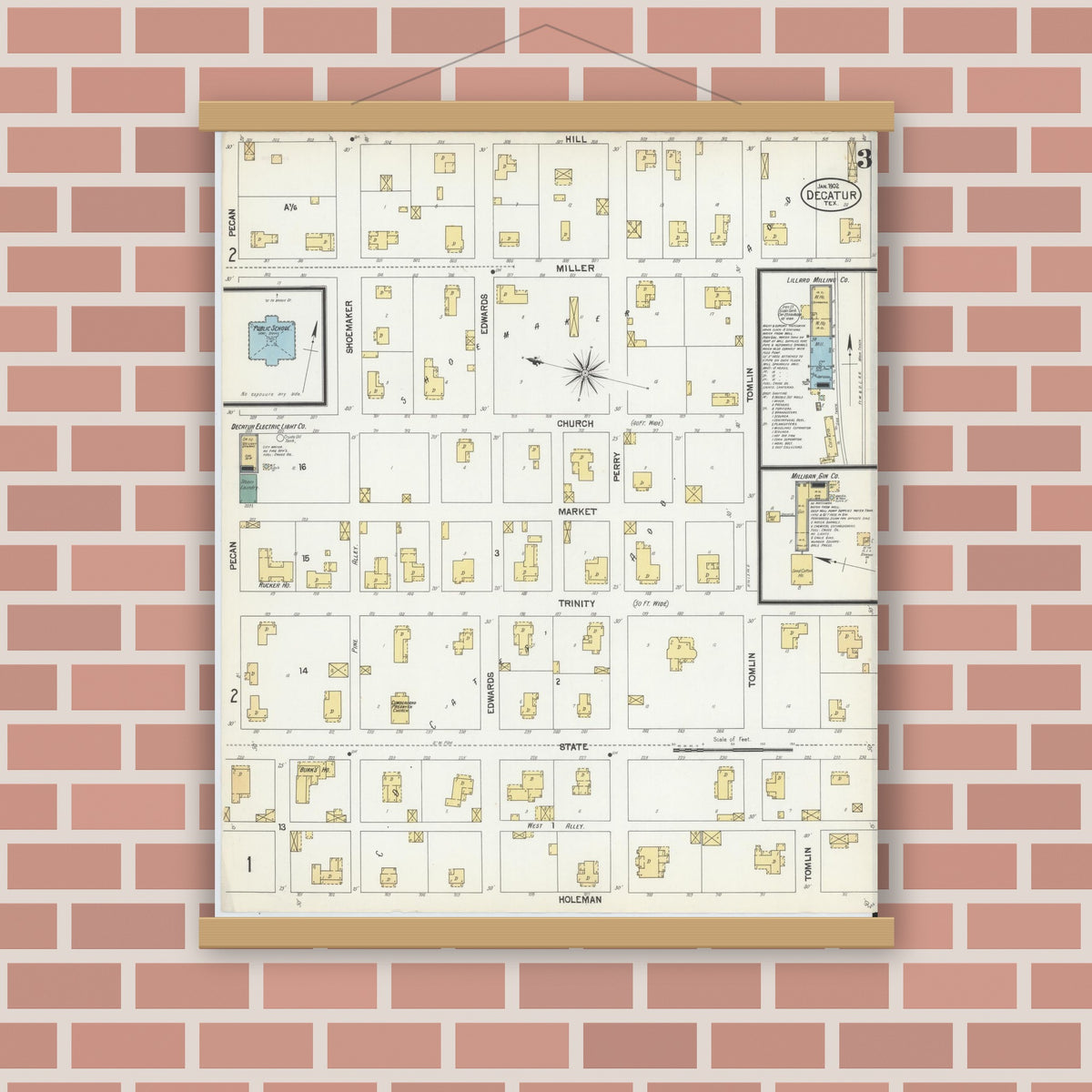 Old map wall art mockup — magnetic wood frame on brick wall — Sanborn Fire Insurance Map from Decatur, Wise County, Texas (1902), Sheet #0003