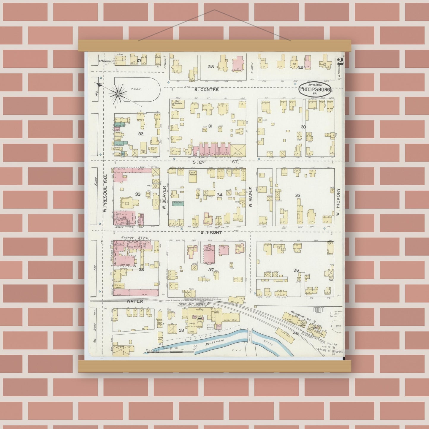 Old map wall art mockup — magnetic wood frame on brick wall — Sanborn Fire Insurance Map from Philipsburg, Centre County, Pennsylvania (1892), Sheet #0002