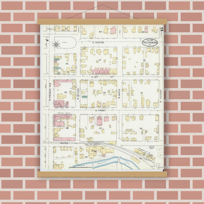Old map wall art mockup — magnetic wood frame on brick wall — Sanborn Fire Insurance Map from Philipsburg, Centre County, Pennsylvania (1892), Sheet #0002