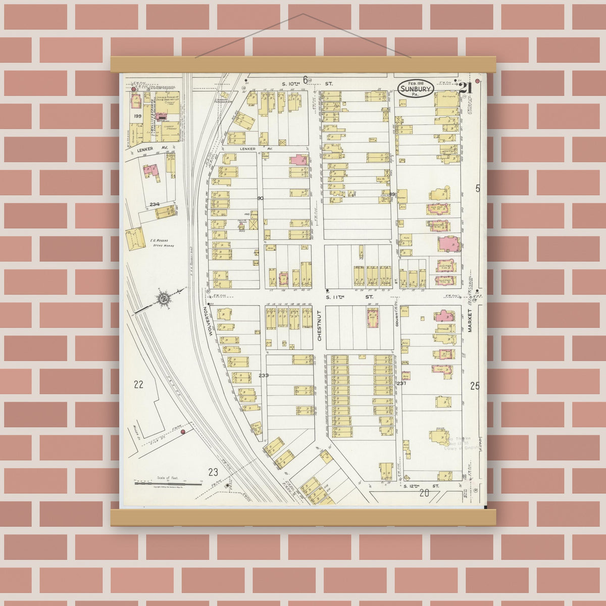 Old map wall art mockup — magnetic wood frame on brick wall — Sanborn Fire Insurance Map from Sunbury, Northumberland County, Pennsylvania (1918), Sheet #0021